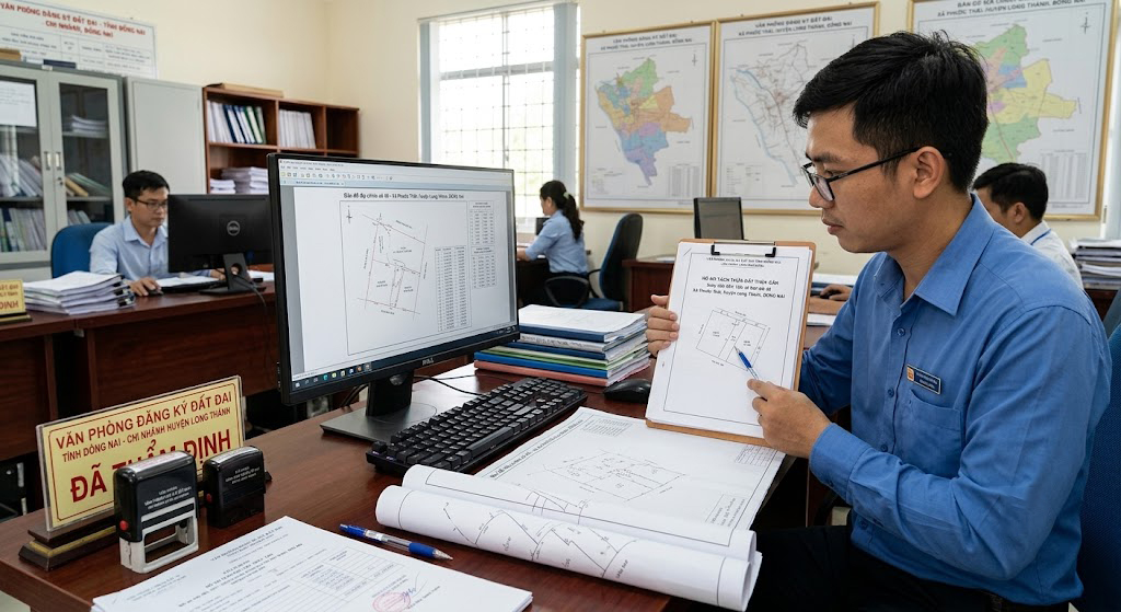 Hồ sơ tách thửa đất thủy sản tại huyện Long Thành Đồng Nai đang được kỹ sư địa chính kiểm tra đối chiếu với bản đồ địa chính số, trên bàn làm việc có máy tính và con dấu của Văn phòng Đăng ký đất đai