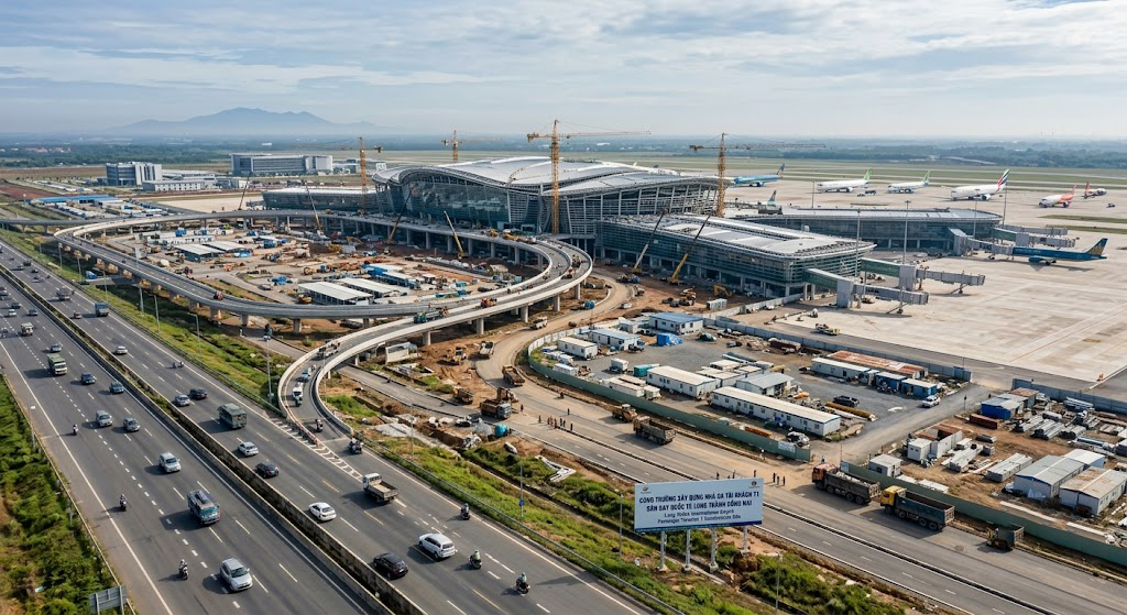 Công trường xây dựng nhà ga hành khách T1 sân bay quốc tế Long Thành Đồng Nai năm 2026 nhìn từ phía quốc lộ 51 hướng từ Biên Hòa vào