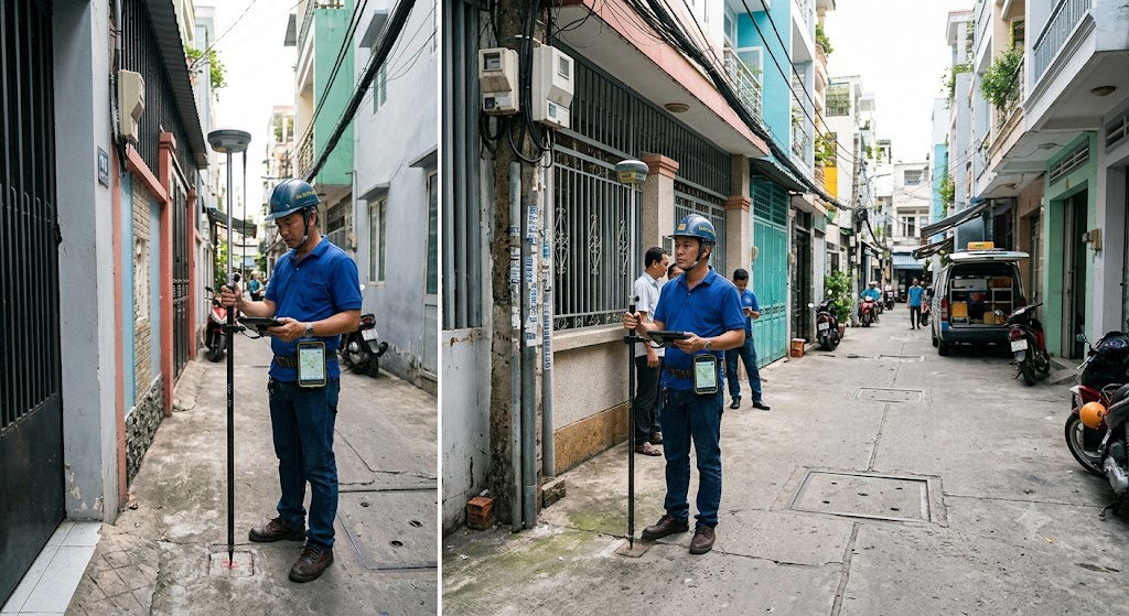 Kỹ sư trắc địa của Đo Đạc TP Hồ Chí Minh đang dùng máy định vị vệ tinh GNSS RTK hai tần số kết nối trạm CORS đo đạc ranh giới thửa đất trong một con hẻm tại Quận 10 TP.HCM