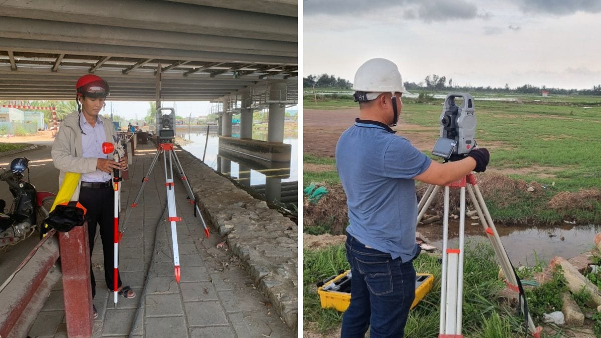 Cán bộ địa chính và kỹ sư trắc địa đang căng dây đo đạc xác định ranh mốc thửa đất tại khu dân cư tranh chấp ở huyện Long Thành, Đồng Nai, có sự chứng kiến của đại diện hai bên chủ đất