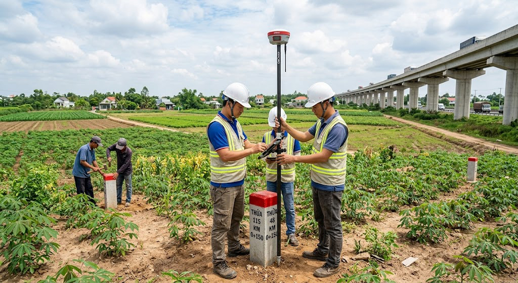 Toàn cảnh khu đất nông nghiệp đang được đo đạc xác định ranh mốc tại huyện Long Thành, Đồng Nai, với máy GPS RTK cắm cọc mốc bê tông chuẩn địa chính giữa vùng đất sào gần hành lang cao tốc