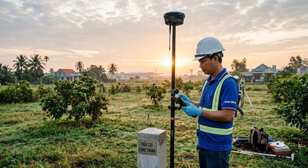 Kỹ sư trắc địa đang thao tác máy GNSS RTK Leica GS18 xác định tọa độ góc thửa đất sào tại Long Thành, Đồng Nai trong buổi đo đạc sáng sớm