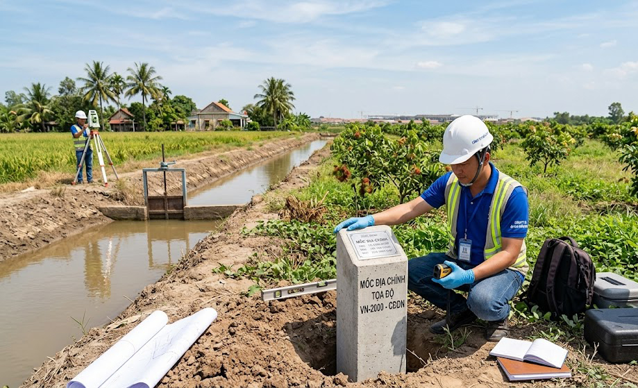 Kỹ sư trắc địa đang đặt cọc mốc bê tông chuẩn địa chính tại góc thửa đất vườn cạnh bờ kênh thủy lợi tại Long Thành, Đồng Nai, trong buổi đo đạc xác định ranh mốc thực địa